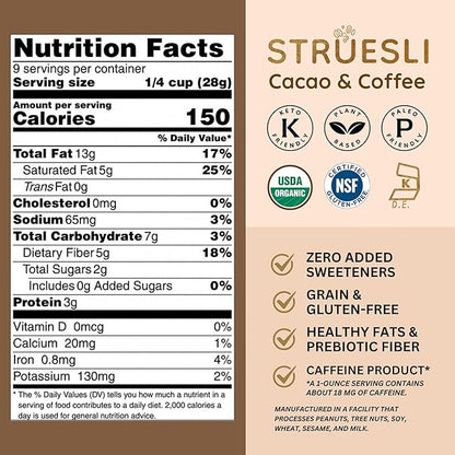 Struesli Cacao + Coffee Organic Granola, Grain & Gluten Free, Healthy Snacks with Cacao, Coffee, Tiger Nuts, Pecans, Walnuts, Hemp Hearts & Coconut Flakes, Plant Based, Keto & Paleo Friendly, 9 Oz