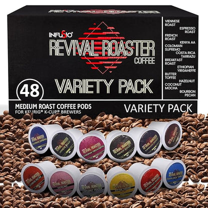 InfuSio Coffee Pods Variety Pack – 48 Count, 12 Crafted Medium & Dark Roast Blends and Artisan-Inspired Flavors Like Bourbon Pecan & Butter Toffee, Revival Roaster Collection, Compatible with Keurig 2.0 Brewers