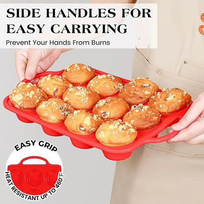 1 Pc Silicone Muffin Pan for Baking with Metal Frame, Nonstick 12 Cup Regular Size Cupcake Pan, Silicone Muffin Tray for Egg Bites (Red)