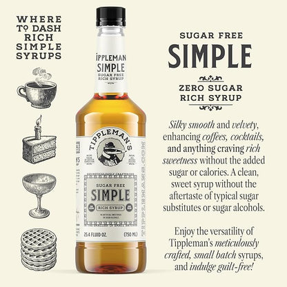 Tippleman's Sugar Free Simple Syrup - Zero-Sugar Allulose Skinny Sweetener - Perfect for Drinks, Cocktails, Coffee, Espresso - Fits Pump - 750ml