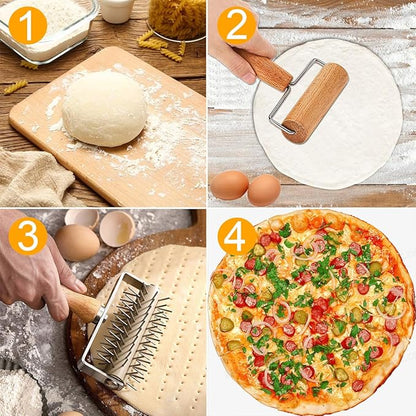 Dough Docker Roller Stainless Steel and Wooden Dough Roller, Set of 2 Pizza Pin Roller Dough Hole Maker Wood Pastry Pizza Roller for Pizza, Cookie, Pie, Pastry, Bread, Crust