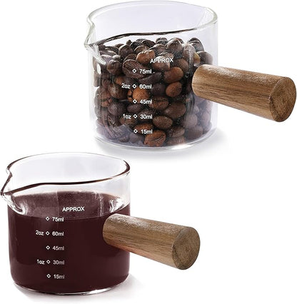 2 Pack Measuring Cups, Espresso Shot Glass with Wood Handle, Clear Glass with Dual Scale, Espresso Accessories with Double Spouts, 2.5 OZ /75 ML