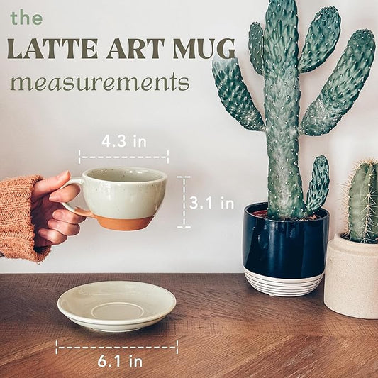 Mora Ceramic Latte Art Mug With Saucer - 10.5 oz, Round Bottom For Perfect Pours - Cafe Cups for Cappuccino, Espresso, Coffee, Tea etc - Porcelain Set for Baristas, Great Gift - Light Matcha