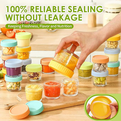 DRKIO 20 Pack Glass Baby Food Storage Containers 4 Oz Baby Food Jars with Lids Baby Food Maker Microwave Dishwasher Freezer Safe 100% Leak-Proof BPA Free