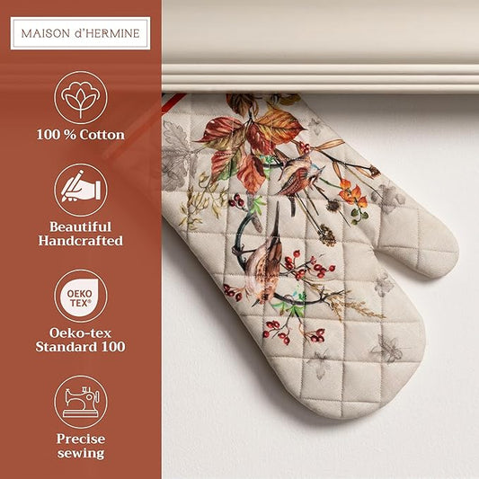 Maison d' Hermine Oven Gloves 100% Cotton Oven Mitt 7" x 13" with Loop Heat Resistant, BBQ, Cooking Gloves, Baking, Grilling, Kitchen, Handling Hot Pans (Pack of 1, Recolte)