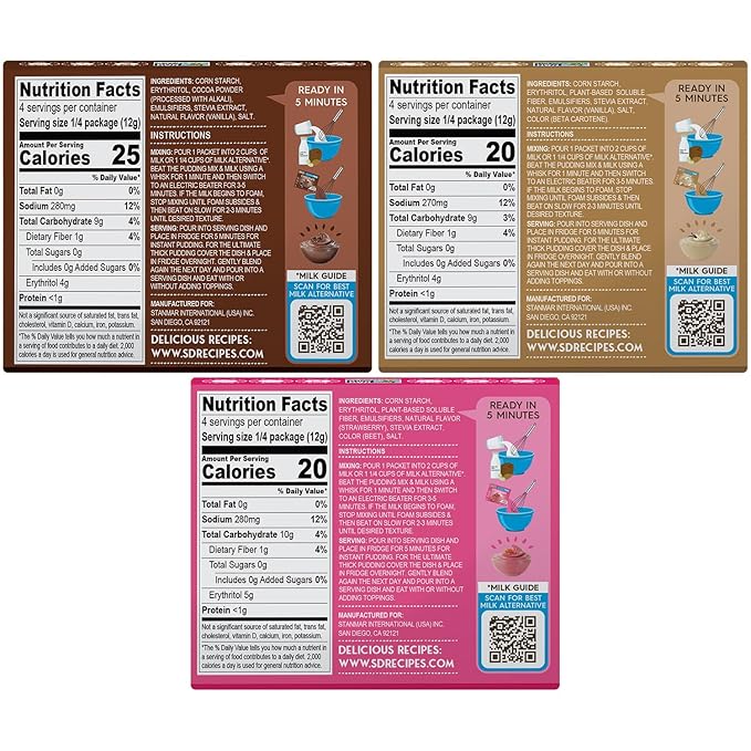 Simply Desserts Vanilla, Strawberry & Chocolate Instant Pudding, Sugar-Free, Variety 6-Pack – Healthy Dessert, Keto Snacks, Vegan & Diabetic-Friendly, Kosher, 1.7 Oz Ea