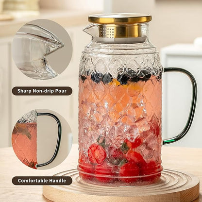 Glass Pitcher with Lid,84 oz/2.5 Liter Vintage Water Pitcher, Clear Borosilicate Glass Water Carafe for Cold Brew, Coffee, Lemonade, Iced Tea, Juice, Beverage, Heat Resistant Water Glass Jug