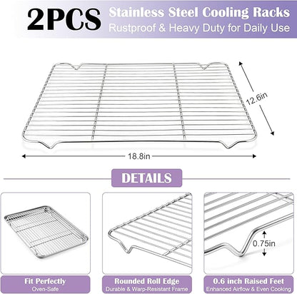 E-far Large Baking Sheet with Wire Rack (2 Pans + 2 Racks), 20 x 14 Inch Stainless Steel Cookie Pans Tray & Cooling Rack for Baking, Non Toxic & Heavy Duty & Rust Free, Oven & Dishwasher Safe
