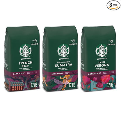 Starbucks Dark Roast Ground Coffee, Variety Pack, 3 bags (12 oz each)