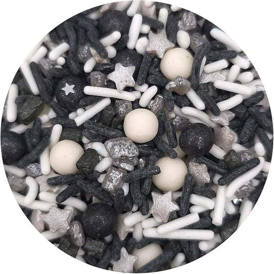 NCS Graduation Black, Silver, and White Edible Candy Sprinkle Mix, 8 ounces - Great for Cupcakes, Cookies, Cakes, Cake Pops