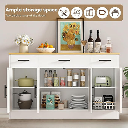 Vongrasig 53' Large Sideboard Cabinet with 4 Doors and 3 Drawers, Farmhouse Buffet Table Coffee Bar Kitchen Storage Cabinet, Wood Buffet Table for Kitchen, Dining Room, White