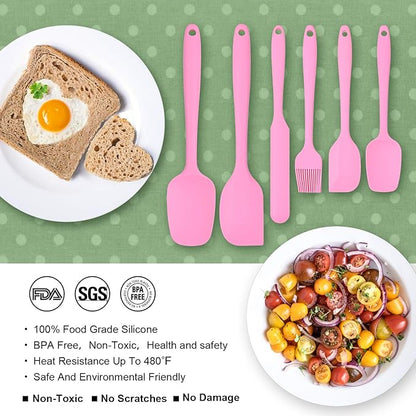 Heat Resistant Silicone Spatulas Set Food Grade Silicone Seamless One Piece Design BPA-Free,Non-Stick,Dishwasher Safe,Cooking and Mixing Set of 6PCS-pink(pink)