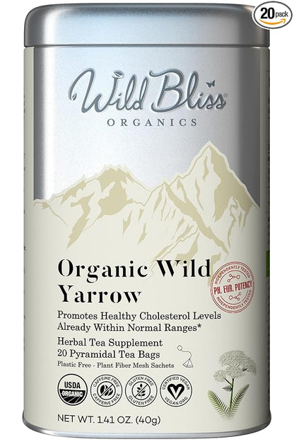 Wild Bliss Organic Yarrow Tea - Caffeine Free Herbal Tisane - Pharmacopoeia Potency - 20 Plant Based Tea Bags