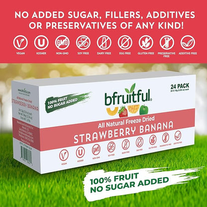 bfruitful Freeze-Dried Strawberry Banana, Freeze Dried Fresh Fruit Bites, Gluten Free, Vegan, Dairy Free, Kosher, No Sugar Added, Non GMO, Healthy Snacks for Kids or Adults, 0.56 oz Single-Serve Snack Packets, 24 Pack