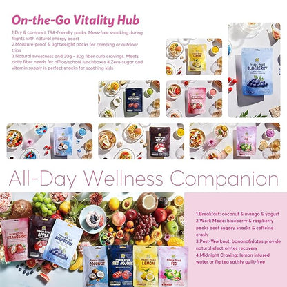 SUNGIVEN Mixed Freeze Dried Fruit for Beauty, Variety Pack of 12 Bag, 7 Kinds of Fruit, Health Snack, Rich in Vitamins, Apple Strawberry Blueberry Lemon Coconut Fig Red-Dates, No Sugar Added, 9.7 oz