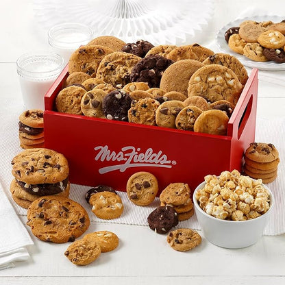Mrs. Fields Deluxe Signature Combo Crate - Assorted with 15 Original Cookies, 60 Nibblers Bite-Sized Cookies, and 4 oz. Toffee Nut Popcorn (76 Count)