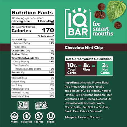IQBAR Brain and Body Plant Protein Bars - Chocolate Mint Chip - 12-Count - Keto, Vegan, Low Carb, High Fiber, Gluten Free, Dairy Free, Low Sugar Snack with Nutrients for Focus, Energy, Meal Replacement