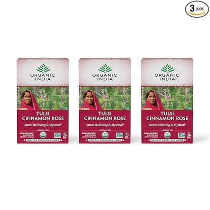 ORGANIC INDIA Tulsi Cinnamon Rose Tea - Tulsi Rose Tea Bags, Cinnamon Tea Bags w/Holy Basil, Chamomile, Caffeine Free - 18 Infusion Bags, 3 Pack