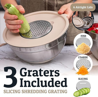 Priority Chef Stainless Steel Mixing Bowls with Lids Set - Premium 30Pcs with 6pc Metal Bowl Set for Kitchen, 3 Graters, Airtight Lids, Non-Slip Bases & Silicone Utensils, Khaki