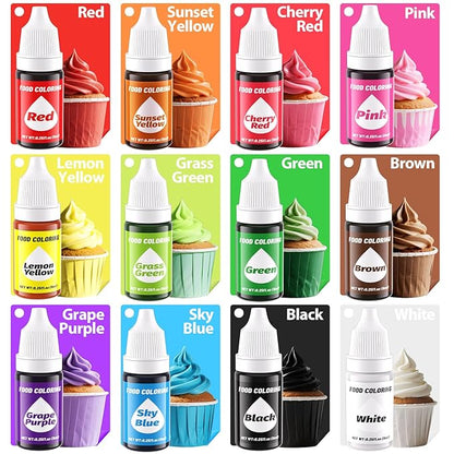 12 Color Gel Food Coloring Liquid Set-KATSPRO Food Grade Tasteless Vibrant Kids Food Coloring Dye for Baking Icing Cake Decorating Cookie Fondant, Frosting, Cookies, Christmas Baking, Easter Egg and DIY Supplies Kit - 0.25 Fl.oz(6ml)/Bottles