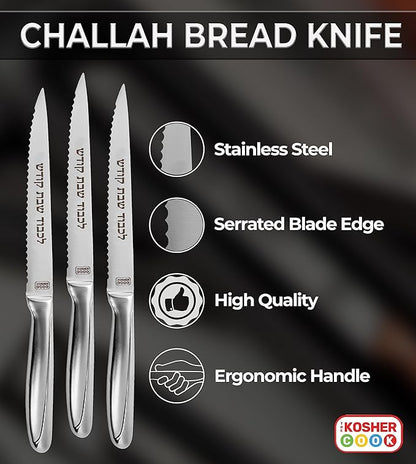 Premium Stainless Steel Challah Bread Knife - 4" Serrated Blade and Elegant Silver Handle - Perfect for Shabbat, Jewish Holidays