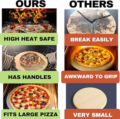 16 inch Round Pizza Stone for Oven - Large Pizza Stone for Grill with Handles and Dough Tool - Round Baking Stone for Bread - Pizza Making Accessories - Cooking Gifts for Food Lovers