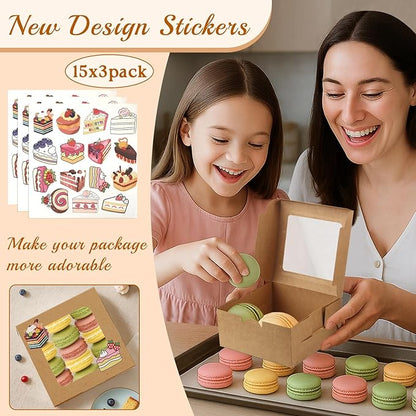 OAMCEG 30 Pack Cookie Boxes with Window, 6x6x3 Inches Brown Bakery Treat Boxes with Stickers & Twine for Pastry, Desserts, Strawberries, Cupcakes, Gift Giving