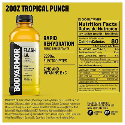 BODYARMOR Flash I.V. Electrolyte Beverage, Tropical Punch, Hydration Drink with Coconut Water For Rapid Rehydration, Post Workout Recovery, 20 Fl Oz (Pack of 12)