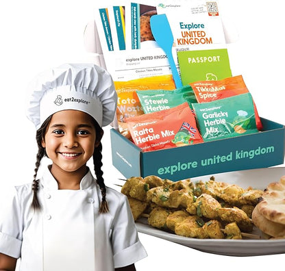 eat2explore Cooking Kits for Kids – Interactive & Educational Kids Cooking Sets Real for Ages 5 and Up,3 Recipe Cards & Global Ingredients – Fun Gift for Young Chefs (UK Edition)