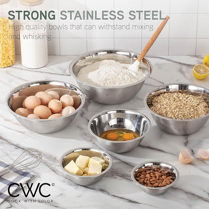 COOK WITH COLOR Stainless Steel Mixing Bowls Set - Nesting Bowls, 6 Pieces, Silver with Non Slip Bottom