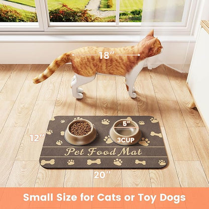 Pet Feeding Mat-Absorbent Pet Placemat for Food and Water Bowl, with Waterproof Rubber Backing, Quick Dry Water Dispenser Mat for Dog and Cat (12"x20", Brown)