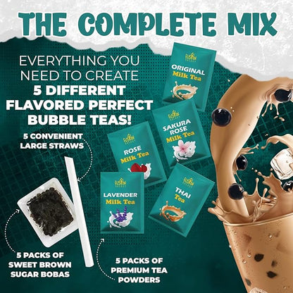 Fusion Select Authentic Bubble Tea Kit Extra Rich (5 Packs) Bubble Tea Drink, Boba Tapioca Pearl, Straws, Popular Bubble Tea Flavors (10 Flavors)