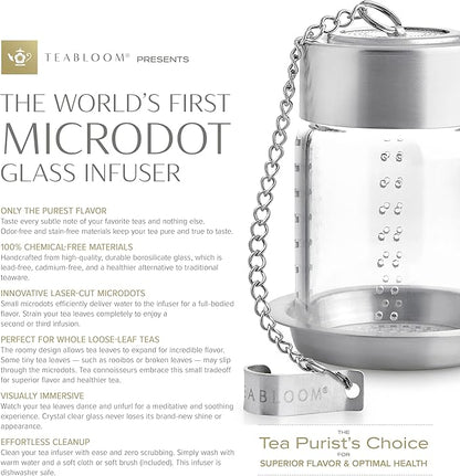 Teabloom Puresteep Glass Tea Infuser with Lid & Drip Tray – Borosilicate Glass Loose Leaf Steeper with Stainless Steel Chain – Non-Toxic – Small or Large Size