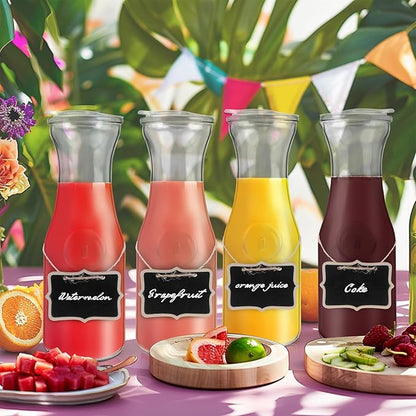 Glass Carafe with Acrylic Lid,35 Oz Beverage Dispensers Carafe,Mimosa Bar Supplies,Clear Glass Pitcher with Name Labels for Iced Tea,Coffee,Juice(Set of 2)