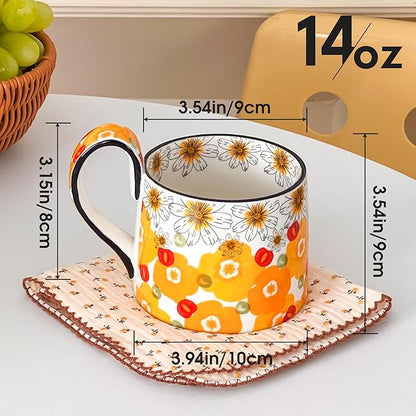 Ceramic Coffee Mug, 12oz Cute Floral Coffee Mugs with Large Handle, Orange Flower Design Stoneware Tea Cup for Office and Home