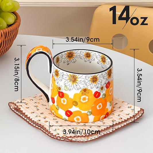 Ceramic Coffee Mug, 12oz Cute Floral Coffee Mugs with Large Handle, Orange Flower Design Stoneware Tea Cup for Office and Home