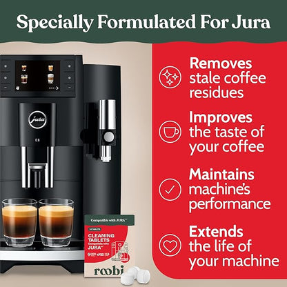 Roobi Compatible Cleaning Tablets for Jura. 24 Jura Cleaning Tablets for Automatic Espresso Coffee Machines. 100% Vegan, Carbon Neutral.