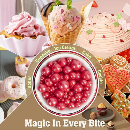 Twisweet Red Pearl Sprinkles for Cake Decorating, Edible Sugar Pearls for Baking, Mix Size, Cake Topper Cupcake Cookie Ice Cream Dessert Decorations, Valentines Birthday Christmas Supplies (130g/4.58oz)