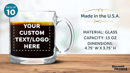 Custom Libbey Clear Glass Coffee Mugs 13 oz. Set of 10, Personalized Bulk Pack - Perfect for Coffee, Tea, Espresso, Hot Cocoa, Other Beverages - Clear Bottom
