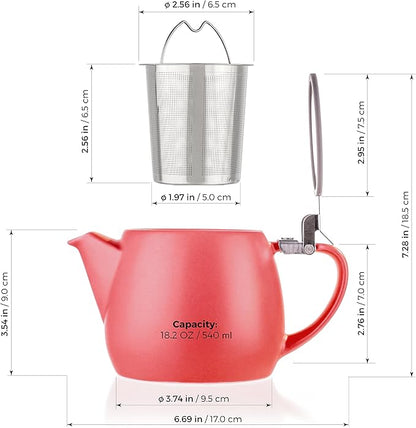 Tealyra - Pluto Porcelain Small Teapot Red - 18.2-ounce (1-2 cups) - Matte Finish - Stainless Steel Lid and Extra-Fine Infuser To Brew Loose Leaf Tea - 540ml