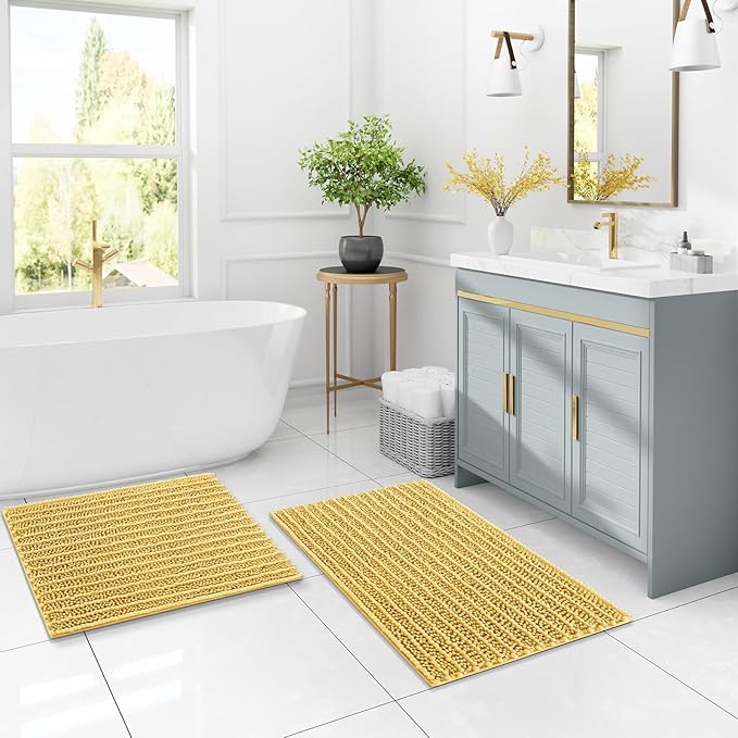 Arotive Luxury Chenille Bathroom Rug Mat, Extra Soft Thick Absorbent Shaggy Bath Rugs, Non-Slip Machine Wash Dry, Plush Bath Mats for Bathroom, Shower and Tub, 34x21, Yellow