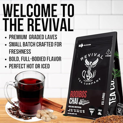 Revival Tea Company Rooibos Chai Tea - Rooibos Red Tea Blend with Fresh Spiced Chai Flavor - Caffeine Free - 24 Tea Bags