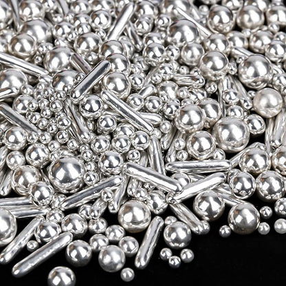 Silver Pearl Rods Sprinkles, Twisweet Edible Sugar Sprinkles for Cake Decorating Mix Size Candy Pearls for Baking Cake Topper Ice Cream Cupcake Cookie Dessert Decorations, Wedding Day Valentines Birthday Party Christmas Easter Supplies (130g/4.58oz)