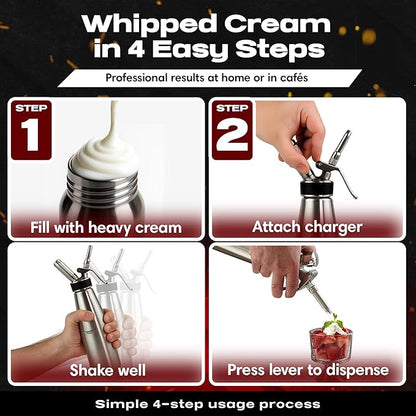 Chef Master (1 Pint / 0.5 Liter) Stainless Steel Whipped Cream Dispenser - Decorating Tips for Desserts, Latte + Cleaning Brush - Whip Cream Dispenser Canister for Home, Bakery or Restaurant - 90078