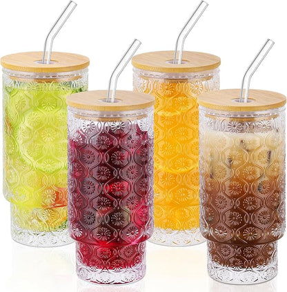 16 Oz Glass Cups Set of 4, Vintage Embossed Floral Glass Tumbler, Iced Coffee Cups with Lid, for Whiskey Cocktail Beer (4 PACK)