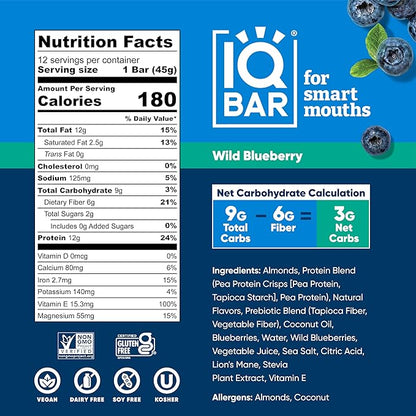 IQBAR Brain and Body Plant Protein Bars - Wild Blueberry - 12-Count - Keto, Vegan, Low Carb, High Fiber, Gluten Free, Dairy Free, Low Sugar Snack with Nutrients for Focus, Energy, Meal Replacement