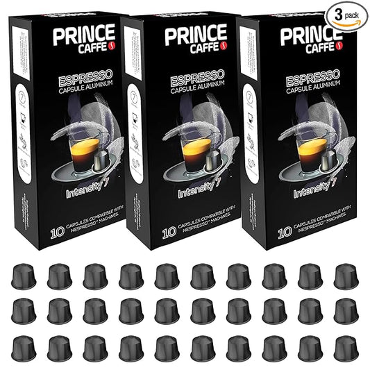 Prince Caffe Espresso Pods – Intensity 7, Medium-Dark Roast, The Espresso Coffee Pods Are Compatible with Nespresso Original Line Machines, 30 Count (3 x 10 Capsules) Premium Quality Coffee Capsules.