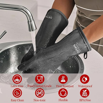 DEYAN Silicone BBQ & Oven Gloves - Food Grade, Heat Resistant Waterproof & Oil Proof Gloves for Grilling, Baking, Frying, Cooking - Long Sleeve & Non-Slip Grip, 1 Pair(Black, 10/XL)