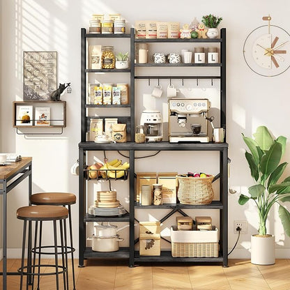 Baker Rack with Power Outlet - Microwave Stand with Storage, Large Coffee Bar Station with 14 Hooks, Metal Kitchen Shelf Rack for Spices, Pots (Rustic Grey)