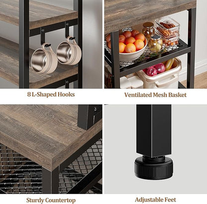 EnHomee Bakers Rack with Power Outlet, 6 Tier Microwave Stand, Coffee Bar Organizer with 8 L-Shaped Hooks, Kitchen Shelves with Storage, 14.1 x 30.1 x 63.1 Inches, Black Oak